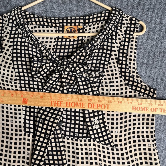 Tory Burch Silk Top Size 10 Sleeveless Bow Tie Neck Geometric Chic Office - Picture 5 of 9